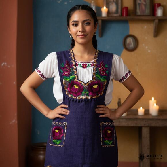 Purple Mexican Embroidered Apron – Standard Kitchen Apron Floral Embroidery - Picture 5 of 8